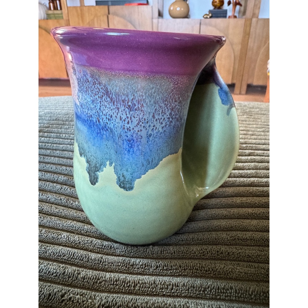 Neher Art Pottery Right Hand Warmer Mug Cup Blue Green Purple Signed 2016